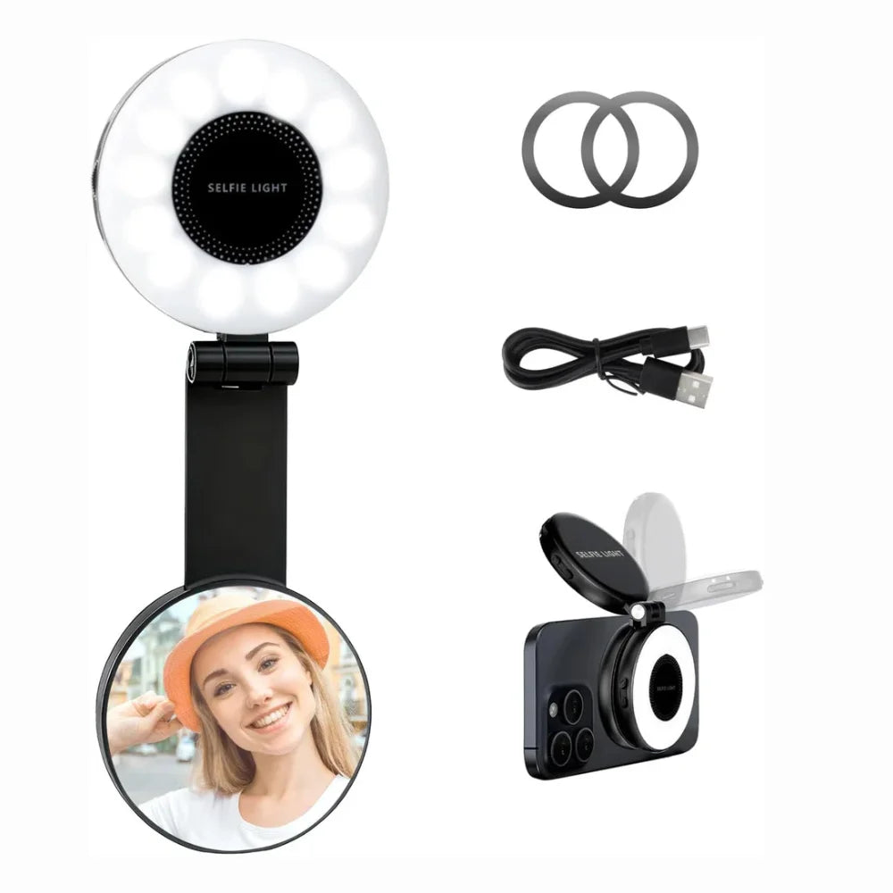 Magnetic 3-in-1 Selfie Light & Mini Clip-On Ring Light – Foldable LED with Mirror & 3 Color Temperatures