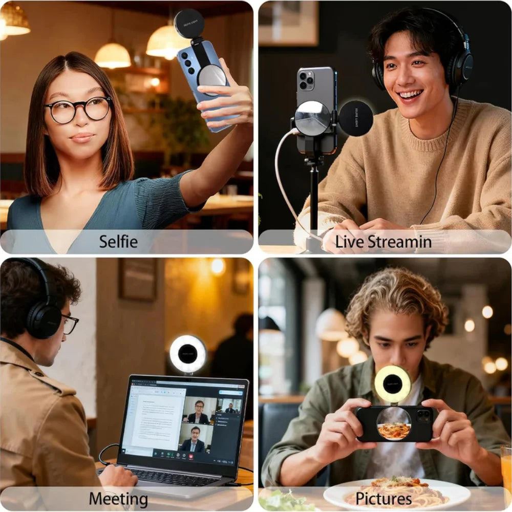 Magnetic 3-in-1 Selfie Light & Mini Clip-On Ring Light – Foldable LED with Mirror & 3 Color Temperatures