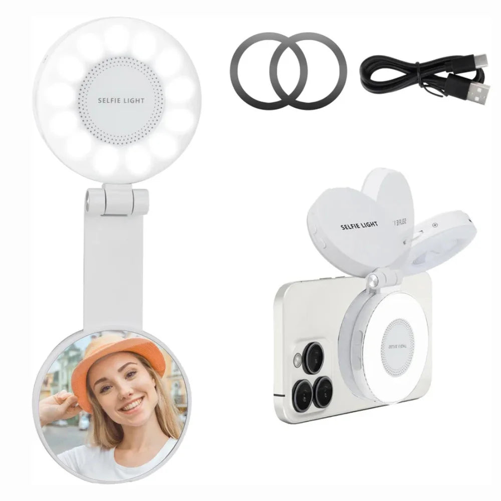 Magnetic 3-in-1 Selfie Light & Mini Clip-On Ring Light – Foldable LED with Mirror & 3 Color Temperatures